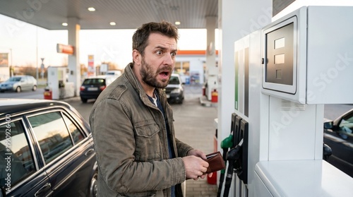 Caucasian adult male with a shocked mood looking at the fuel price representing the energy crisis against a gas station background