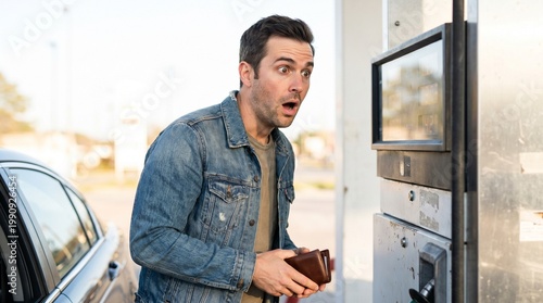 Young guy with an amazed mood holding a wallet representing fuel inflation against a petrol pump background with copy space
