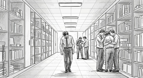 hand drawn illustration of man feeling embarrassed or ashamed in front of group of people