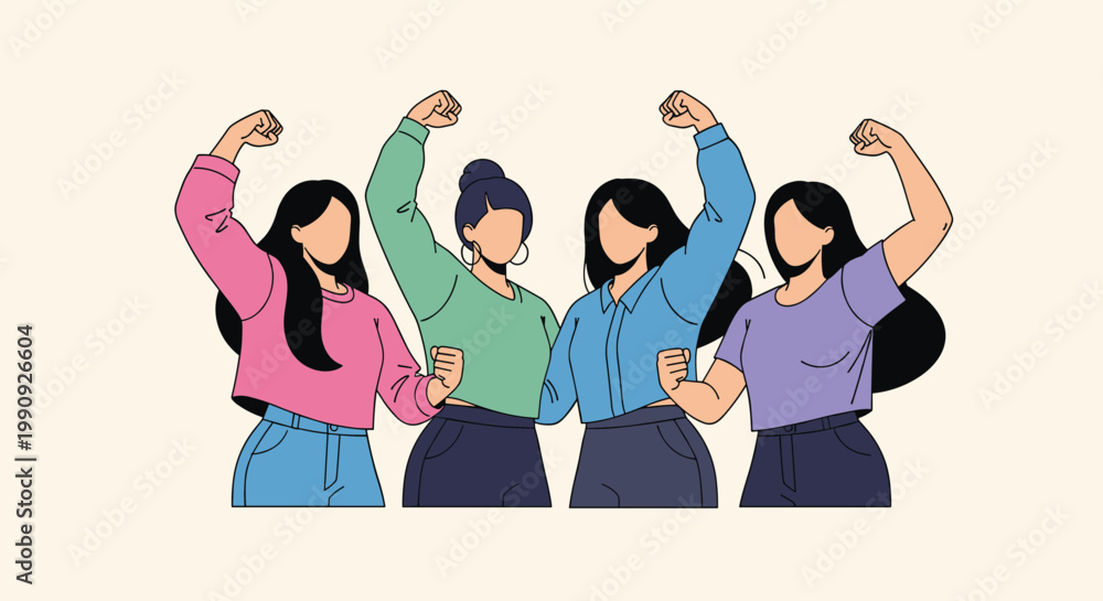 Obraz premium Diverse group of four strong and empowered women showing their arm muscles in a gesture of female power and unity.
