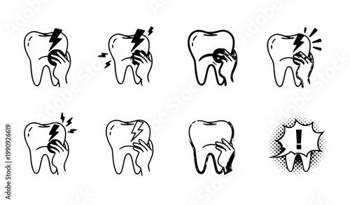 A set of black and white vector icons depicting tooth pain and discomfort