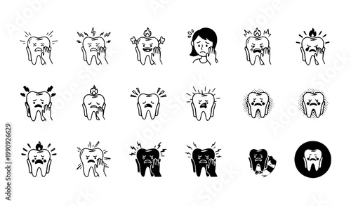 A set of black and white vector illustrations of teeth with various expressions
