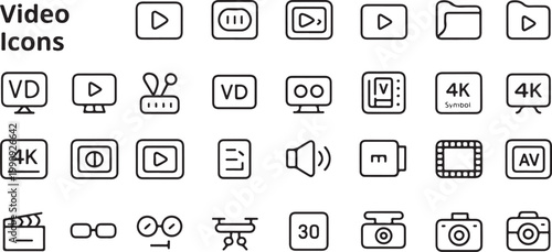 Video and multimedia icons for playback controls recording and media playback.
