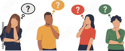 Confused people thinking question marks diverse men women pondering doubt uncertainty problem solving concept flat vector illustration isolated set