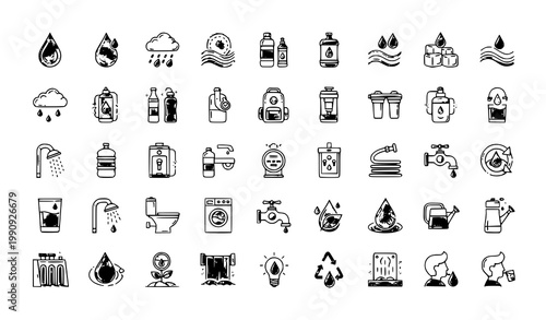 A collection of black and white water conservation icons and symbols