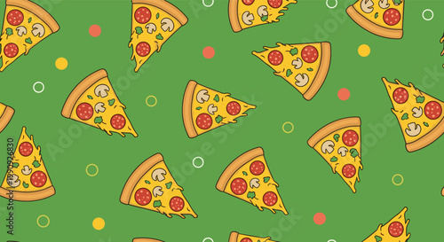 Delicious fast food seamless pattern featuring slices of pepperoni and mushroom pizza scattered on a vibrant green background.