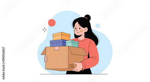 Young woman carrying a large cardboard moving box with several smaller gift boxes stacked on top of it while smiling.