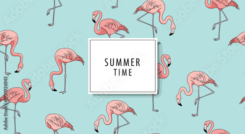 Tropical themed seamless pattern with pink flamingos standing in different elegant poses on a light teal water background.