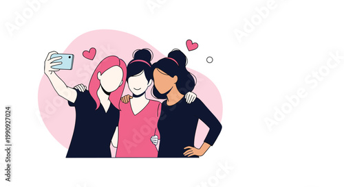 Three female friends capturing a happy moment together by taking a selfie with a smartphone while smiling and posing with heart icons.