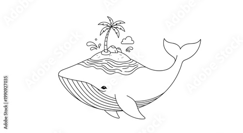 Coloring book illustration featuring a large whale carrying a small tropical island with a palm tree on its back.