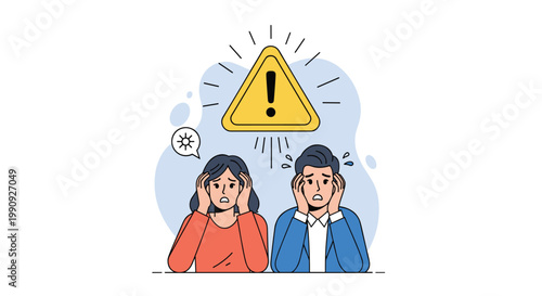 Man and woman looking worried and stressed as they stand under a large yellow warning sign with an exclamation mark.