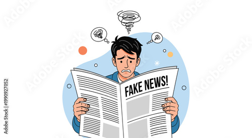 Worried man holding a newspaper with a large fake news headline while thinking about conflicting information and disinformation.