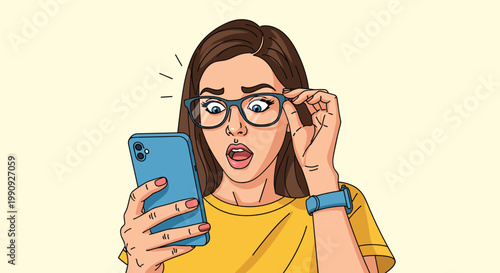 Young woman wearing glasses looking at her smartphone screen with a shocked and surprised expression in a pop art style.
