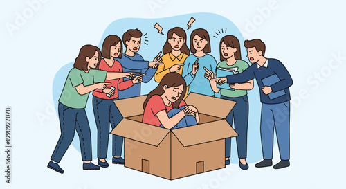 Illustration of a sad woman huddled inside a cardboard box while a group of people stand around pointing at her.