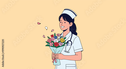 Young nurse in a white uniform and cap smiling happily while holding a beautiful bouquet of multicolored roses and flowers.