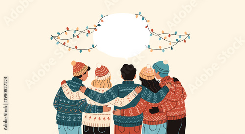 Illustration of five friends from behind wearing warm winter sweaters and hats standing together under a string of festive lights.
