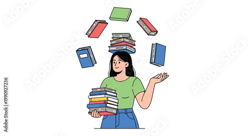 Young woman balancing a stack of books on her head while juggling more books in the air with a confident smile.