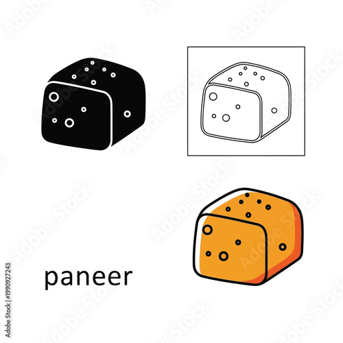 Paneer cheese block, indian ingredient, dairy food, menu icon set, isolated on transparent background.