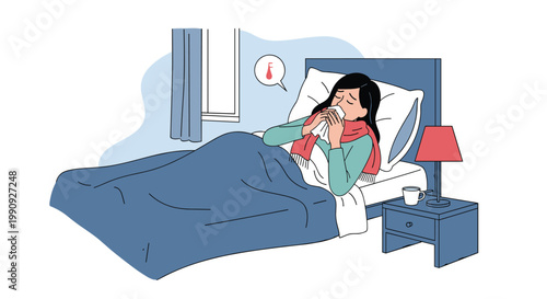 Illustration of a woman feeling sick and lying in bed with a warm scarf, holding a tissue to her nose, under a thermometer icon.