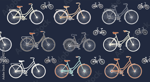Elegant seamless pattern featuring various styles of vintage bicycles in different colors scattered across a dark blue background.