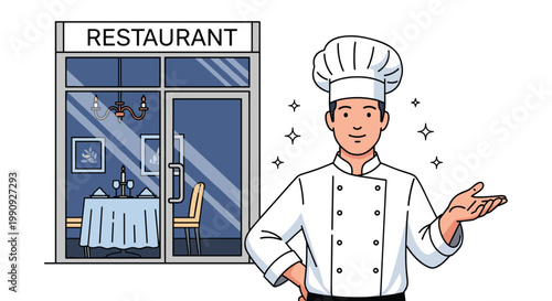 Friendly professional chef in white uniform and toque welcoming guests in front of a modern restaurant with an elegant dining area.