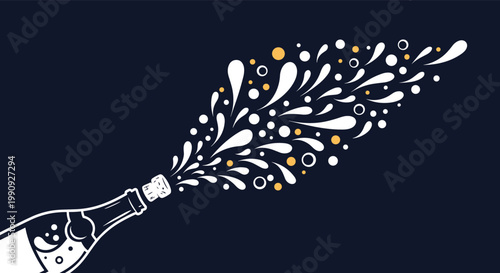 Celebration illustration of a champagne bottle popping open with a festive burst of white and gold bubbles on a dark navy background.