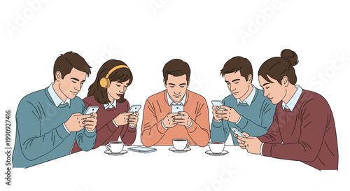 Group of diverse young people sitting around a cafe table and looking at their smartphones instead of interacting with each other.