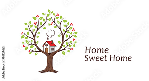 Charming illustration of a cozy little house nestled within a tree with red berries and green leaves with a home sweet home text.
