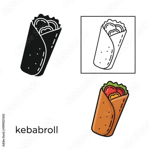 Kebab roll icon set with solid line and colored flat styles isolated on checkered pattern.