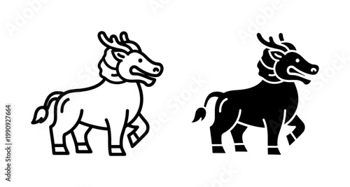 Fotografía Chinese Qilin Mythical Creature Line Art and Silhouette Icons
