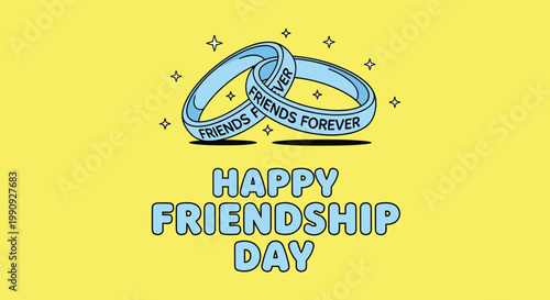 Interlocking friendship rings with a Friends Forever inscription celebrating Happy Friendship Day on a bright yellow background.