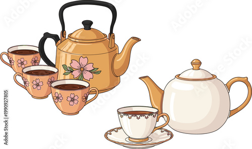 Elegant Teapot and Tea Cup Set with Floral Design, Classic Porcelain and Vintage Kettle Illustration for Tea Time, Kitchen Decor, and Beverage Vector Collection