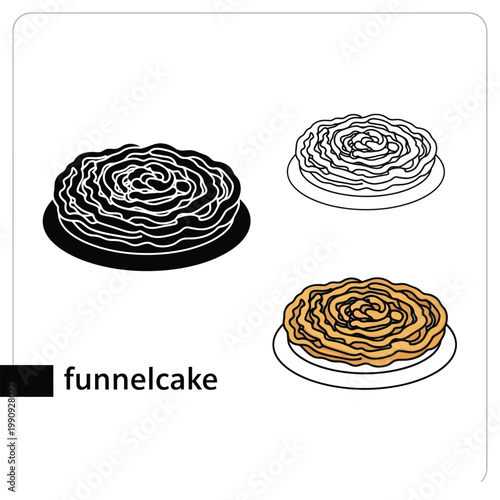Funnelcake icon bundle with black silhouette linear and colored styles on checkerboard.