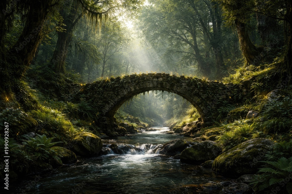 Naklejka premium fantasy forest scene featuring an ancient stone bridge