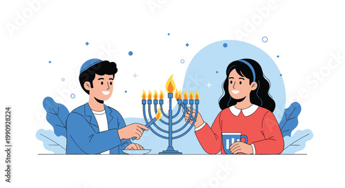 Happy Jewish man and woman celebrating Hanukkah by lighting candles on a blue menorah during the traditional Festival of Lights.