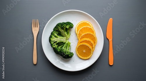 Healthy food plate with steamed broccoli and orange slices on white ceramic plate