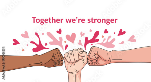 Three diverse hands making a fist bump together with colorful heart splashes and text stating together we are stronger.