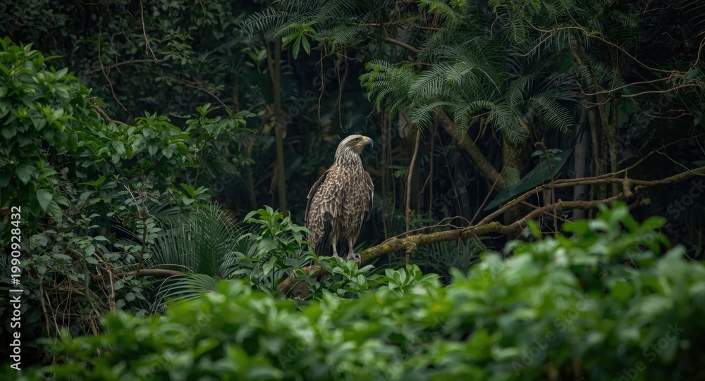 Fototapeta premium Wild Harpy Eagle surrounded by dense rainforest vegetation