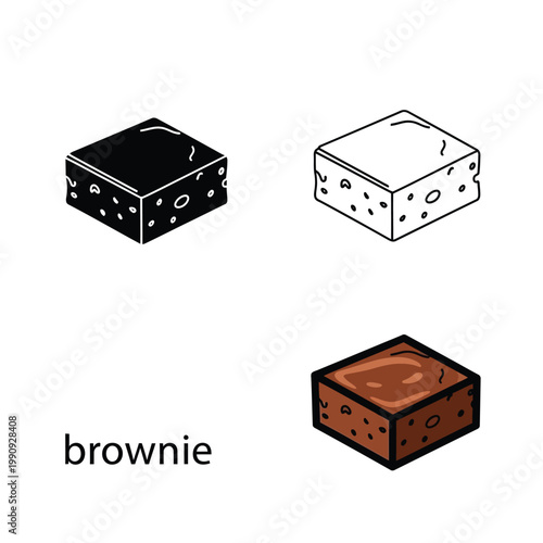 Brownie icon set with black silhouette, outline, and colorful chocolate dessert.