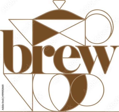 Abstract geometric teapot illustration with brew text for tea house branding and modern logo design