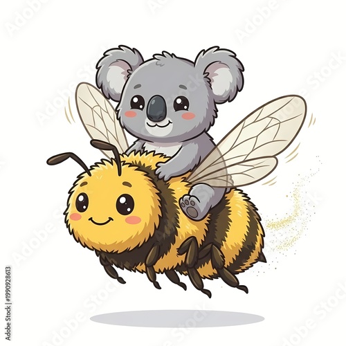 Cute Kawaii Koala Riding on Back of a Giant Bumblebee - Chibi Flying Fantasy Adventure Concept Vector Illustration