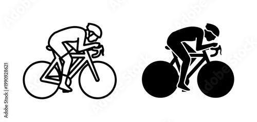 Professional Cyclist Silhouette and Line Art Icon Set