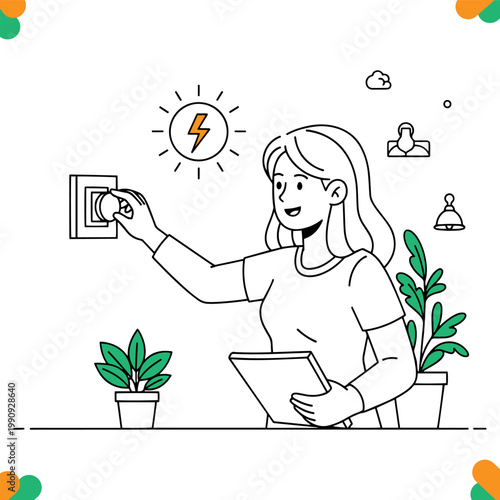 Woman adjusting energy consumption with a dial switch, symbolizing smart home and energy efficiency sustainable living and power management concept