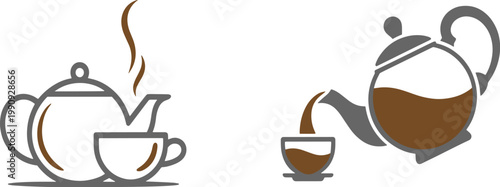 Set of minimalist teapot and tea cup icons with steam and pouring tea action in brown and grey