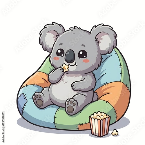 Cute Kawaii Koala Sitting on Bean Bag Chair Eating Popcorn - Chibi Movie Night Concept Vector Illustration