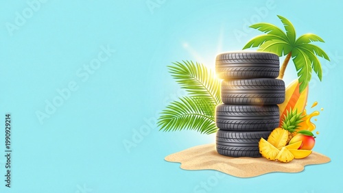 Stack of car tires on sandy beach with palm leaves pineapple mango slices and surfboard. Tropical summer vacation travel concept for automotive adventure and holiday getaway illustration