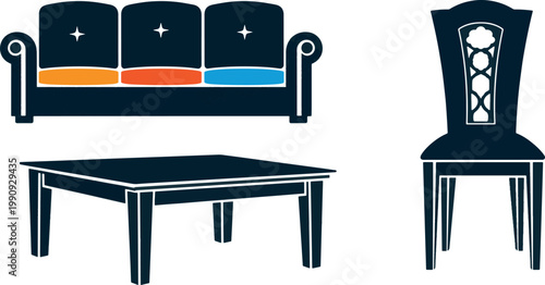 Collection of modern furniture icons featuring luxury sofa, wooden table, and elegant chair for interior home decor.
