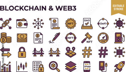 Blockchain Web3 Icon Set, Editable Stroke, Vector