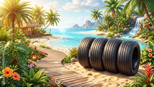 Tropical beach scene with stacked car tires on sandy shore. Idyllic ocean paradise polluted by waste. Environmental conservation and nature protection concept