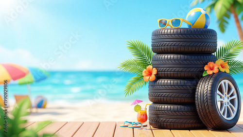 Stack of car tires decorated with hibiscus flowers and palm leaves on tropical beach. Summer vacation and road trip concept. Beach accessories like sunglasses, cocktail, flip-flops, and beach ball